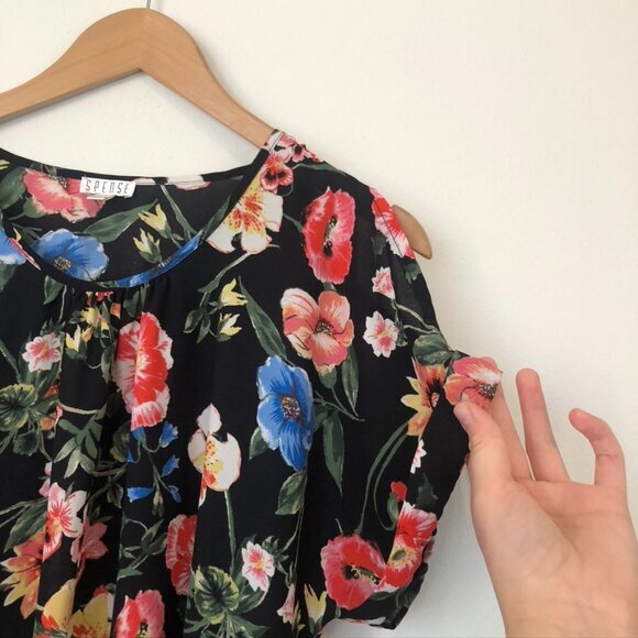 SPENSE Black Red Green Multi Floral Short Sleeve Cold Shoulder Blouse Top Small - Picture 5 of 8